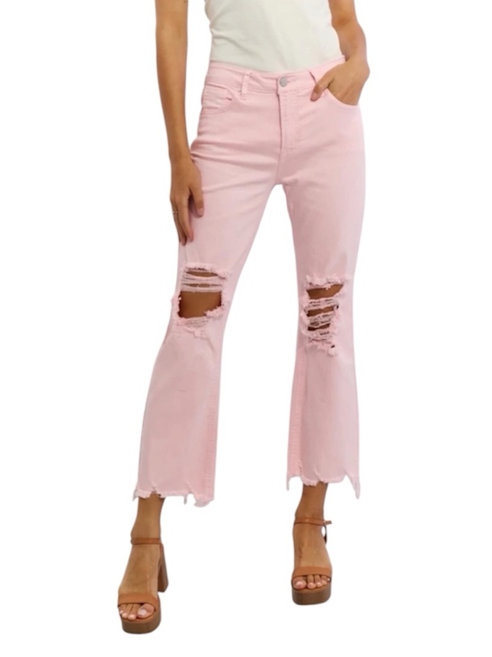 Women's Pink Distressed Flare Cropped Jeans